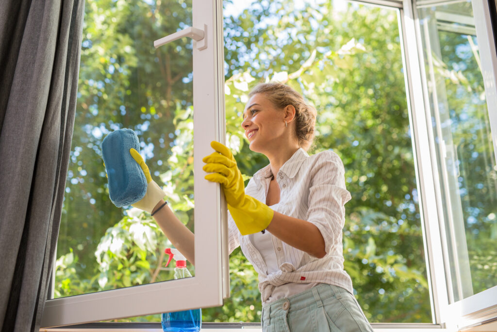 Woman cleans her windows in the spring.